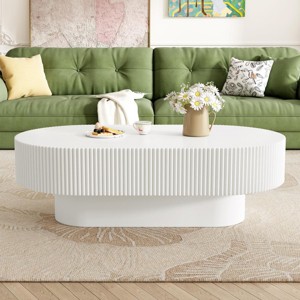 43.3" Modern Oval Fluted Coffee Table with Thick Top and Pedestal Base, White Minimalist Center Table for Living Room -3irtyhousy - 1 of 4