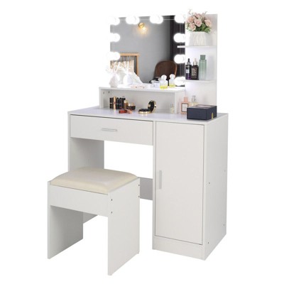 White Dressing Table Dressting Stool Lighted Mirror Makeup Table Vanity Set