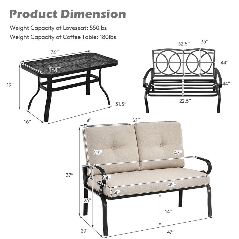 Costway 2PCS Patio Loveseat Bench Table Furniture Set Cushioned Chair, 3 of 11