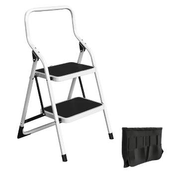 2-Step Stool - Folding Ladder with Handrails, Attachable Tool Bag, Nonslip Feet, Steel Frame, and 330lbs Weight Capacity by Stalwart (White)
