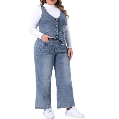 Agnes Orinda Women's Plus Size Two Piece Outfits Button-Up Jean Denim Vests and Wide Leg Stretch Denim Jeans Set