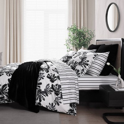 Black and White Floral Microfiber Full/Queen Duvet Cover Set