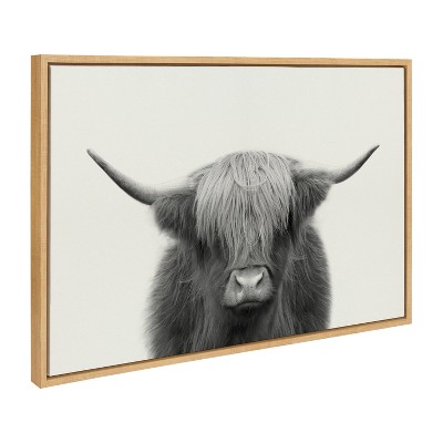 Large Black and White Highland Cow Canvas Print with Natural Frame
