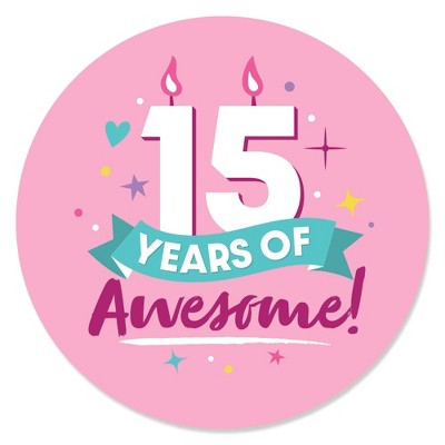 Big Dot of Happiness Girl 15th Birthday - Teen Birthday Party Circle Sticker Labels - 24 Count