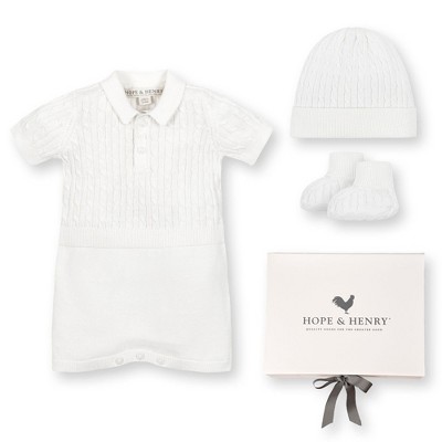 Hope & Henry Baby 4 Piece Cable Shortie Romper, Beanie, & Bootie Boxed Gift Set, Infant