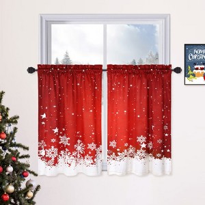 Coucheta Kitchen Christmas Velvet Curtains, Floral Snowflake Decor Cafe Curtains, Thermal Insulated Room Darkening Short Curtain Set - 1 of 4
