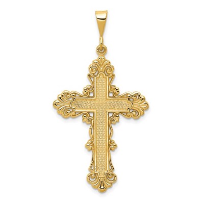 Black Bow Jewelry 14k Yellow Gold Fleur de Lis Bordered Cross Pendant, 24 x 46mm