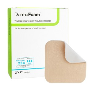 DermaFoam Foam Dressing 2 x 2" Square No Border Waterproof Backing 00290E 10 per Box - 1 of 3