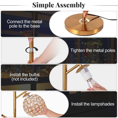 Golden 3-Globe Floor Lamp with Acrylic Shades and Metal Pole