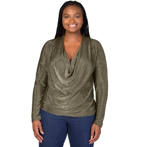 24seven Comfort Apparel Plus Size Cowl Neck Long Sleeve Shimmery Fabric Top - 1 of 4