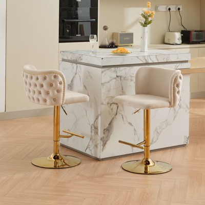 PAGED Bar Stools Set of 2 Height Adjustable Swivel PU Leather Counter Stools with Button Tufted Back and Gold Base for Bar, Kitchen