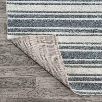 Cream and Dark Gray Striped Washable Synthetic Area Rug