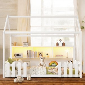 Mshliw Twin Size House Bed with LED Light and Storage Bookshelf, Wooden Floor Bed with Guardrails for Kids – Safe & Cozy Design - 1 of 4