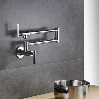 Polished Chrome Wall-Mounted Pot Filler Faucet with Double Joint Swing Arm