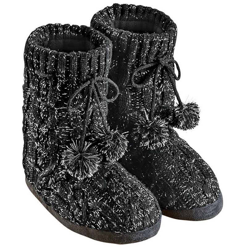 Collections Etc Lurex Cable Knit Slipper Boots with Fleece Lining, Fun Pom Poms, Extra Warm and Flexible, Mid-Calf, 3 of 4