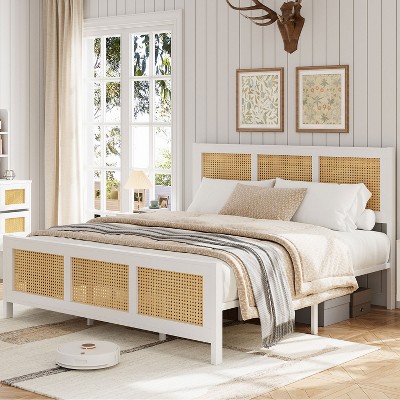 Whizmax King Size Rattan Bed Frame with Headboard Boho Cane Platform Bed Frame with Strong Metal Slat Noise Free No Box Spring Needed White