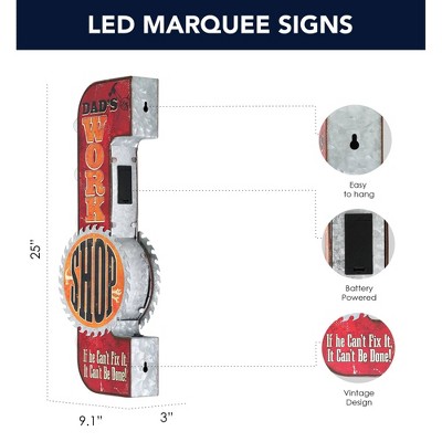 Galvanized Steel LED Dad's Workshop Marquee Sign