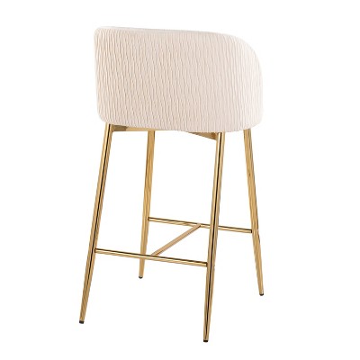Fran Pleated Waves Gold Metal and White Velvet Counter Stools, Set of 2