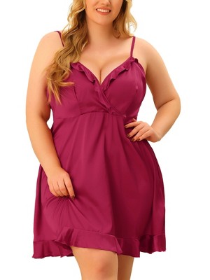 Agnes Orinda Women's Plus Size Satin Ruffle Trim Lingerie V Neck