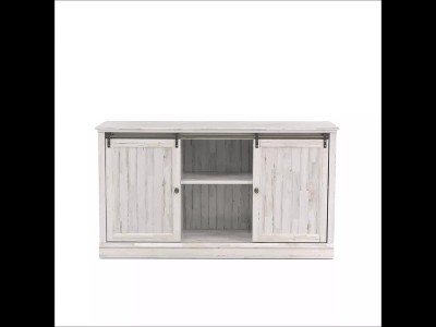 White Plank Sliding Door TV Stand with Adjustable Shelves