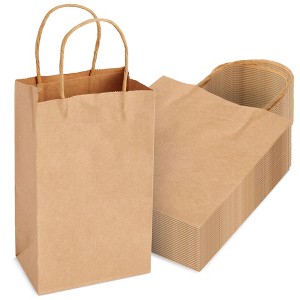 Juvale 24-Pack Small Gift Bags with Handles, 5.3x3x8.5 Inch Bulk Kraft Paper Material Brown Bags, Use for Birthday Party Favors, Reusable Grocery - 1 of 4