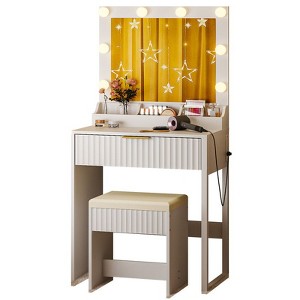 White Particle Board Veneered with Textured Melamine, 1-drawer 3-compartment Dressing Table Set with 8 Three-color Dimmable Bulbs - 1 of 4