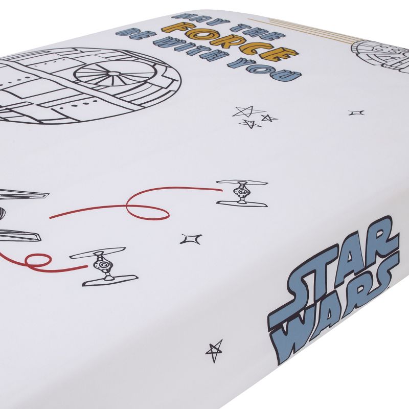 Star Wars May the Force Be With You White, Blue, and Gold Millennium Falcon and Death Star Photo Op Nursery Fitted Crib Sheet, 2 of 6