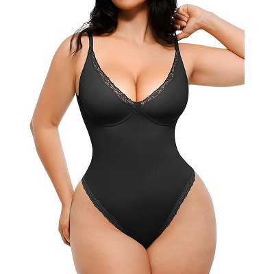 SHAPELLX Shapewear Bodysuits for Women Tummy Control Lace Body Suits V Neck Sleeveless Bodysuit Tops Underwire Corset—Black 38