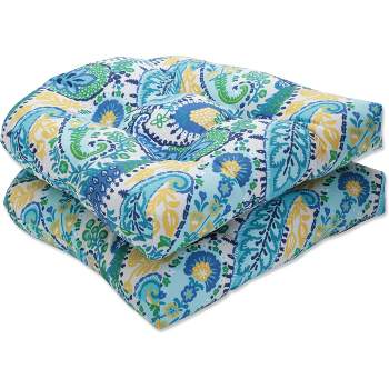 Set of 2 Outdoor/Indoor Wicker Seat Cushions Amalia Paisley Blue - Pillow Perfect