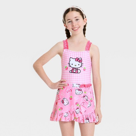 Hello Kitty Girls' Hello Kitty Gingham One Piece and Skirt Set - Pink S