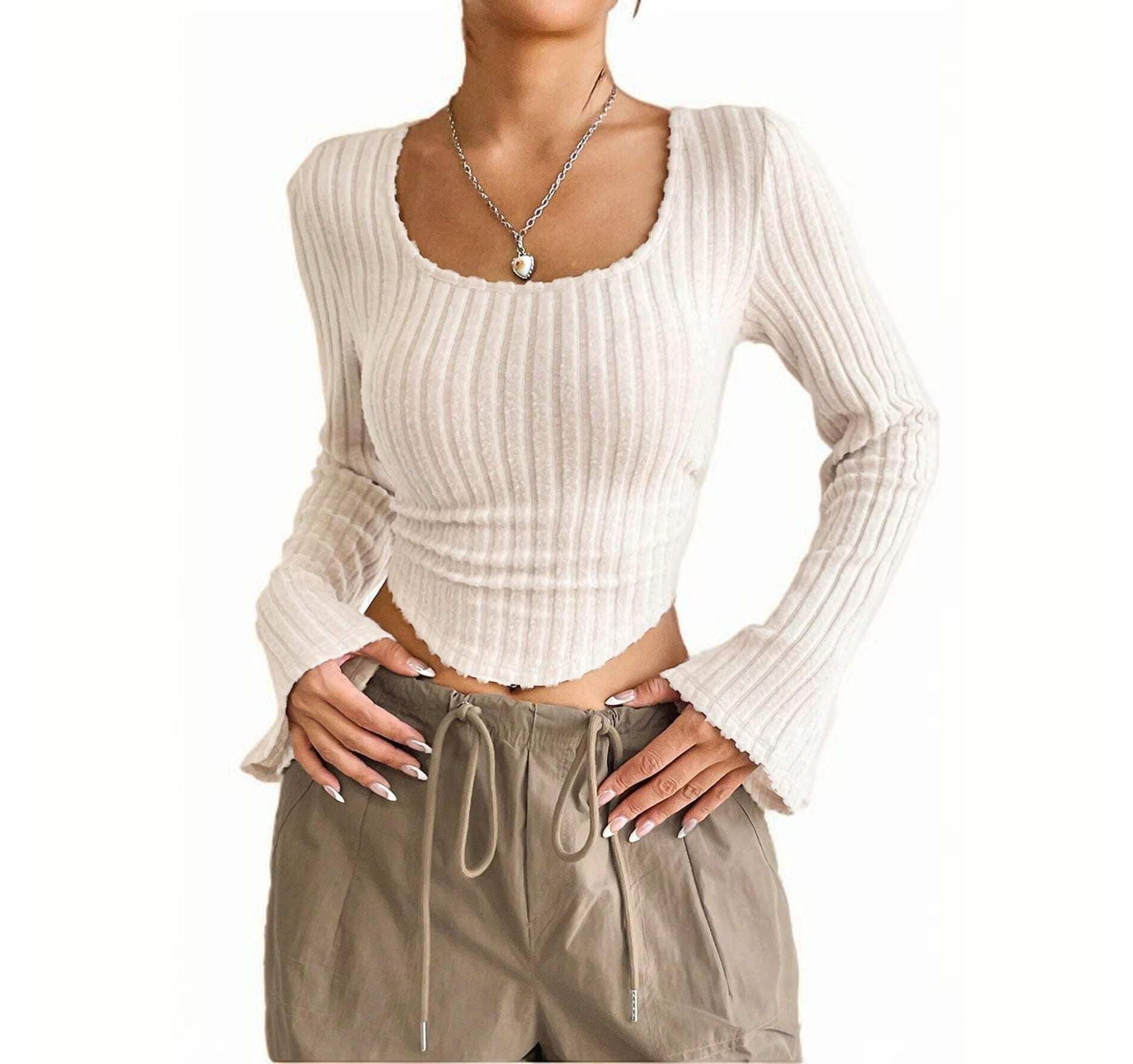 Coolmee Women's Bell Long Sleeve Crop Tops Square Neck Ribbed Slim Fitted Shirts Casual Basic Tees