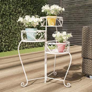 Plant Stand  3-Tier Indoor or Outdoor Folding Wrought Iron Metal Home and Garden Display with Staggered Shelves by Pure Garden (Antique White)