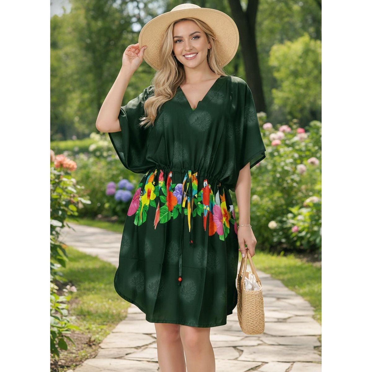LA LEELA Summer Rayon Blend Women Vacation Caftan Dress Holiday Resortwear Cruise Pregnancy Wear Comfortable Lounge Style 2X-3X Black Floral - thumbnail 3