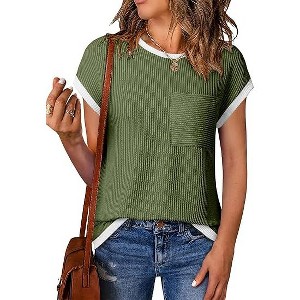 Women's Round Neck Short Sleeve Front Pocket Casual Summer Top Blouses - 1 of 4