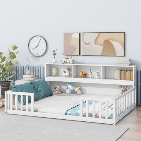 NicBex Full Size Wood Montessori Bed with Side Bookcase and Shelves,Floor Bed Frame with Safety Guardrails,Modern Toddler Bed for Bedroom,White - image 1 of 4