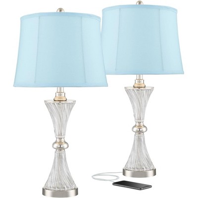 Regency Hill Modern Table Lamps Set of 2 with USB Charging Port Chrome Glass Blue Softback Drum Shade Living Room Bedroom House