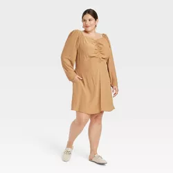 Women's Plus Size Puff Long Sleeve Ruched Front Dress - A New Day™ Brown 4X
