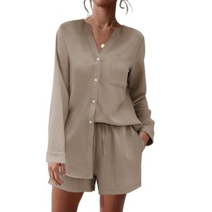 Ekouaer Summer Outfits for Women 2 Piece Sets Lounge Sets V Neck Button Down Shirt and Shorts Loungewear with Pockets - 1 of 4