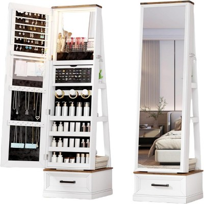 GlasFlength Full Length Mirrors Jewelry Mirror Cabinet Standing with Hidden Wheels 3 Storage Shelves for Room, White, 15.74"*14.56"*58.74"