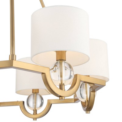 Warm Brass and Crystal 33" Chandelier with Off-White Drum Shades