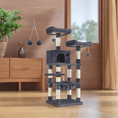 56.3in Cat Tower for Large Cats Indoor Cat Tree Cat Condo with Scratching Posts, Hammock, Plush Perch, Cat Furniture