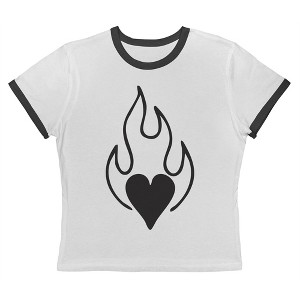 Rerun Island Women's Heart Flames Black Short Sleeve Graphic Cotton Retro Vintage Ranger Baby Tee - White Caviar 1X - 1 of 4