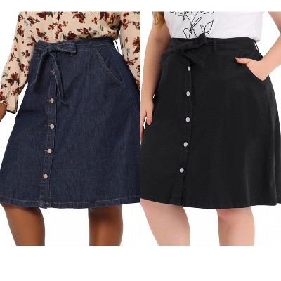 Agnes Orinda Women's Plus Size Tie Waist Button Front Pockets A-Line Midi Denim Skirts