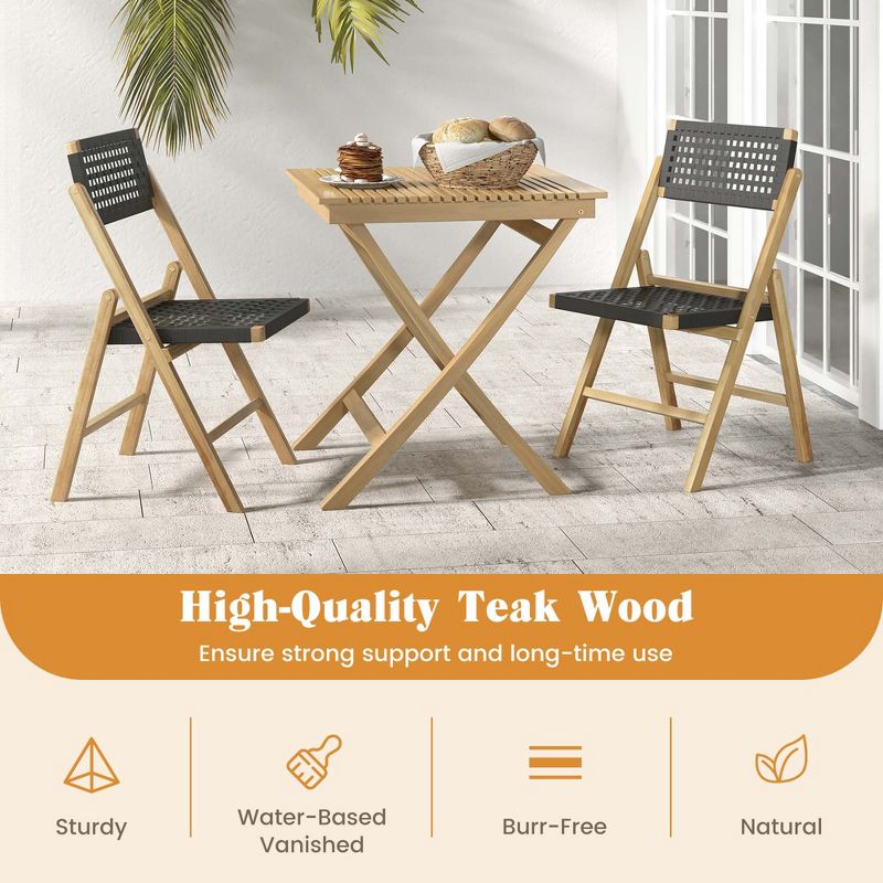 Costway 2/4 Piece Patio Folding Chairs with Woven Rope Seat & High Back Indonesia Teak Wood for Porch Natural&Black, 5 of 9