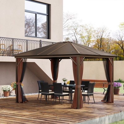 Outsunny 12' x 10' Brown Aluminum Hardtop Gazebo with Curtains