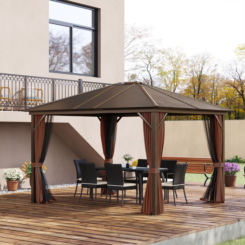 Outsunny 10' x12' Hardtop Gazebo with Aluminum Frame, Permanent Metal Roof Gazebo Canopy with 2 Hooks, Curtains and Netting for Garden, 4 of 10