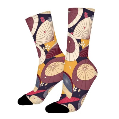 Japanese Traditional Umbrellas And Cherry Blossom Women Printed Crew Socks Funny Funky Socks Soft Polyester Novelty Gifts for Artists Men