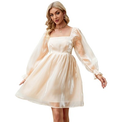 Clearlove Women's Mesh Gauze Long Sleeve Square Neck Dress High Waist A Line Ruffle Hem Flowy Casual Party Mini Dress