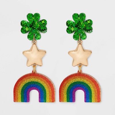 Mixed St. Patty Charm Post Drop Earrings - Green/Gold/Rainbow