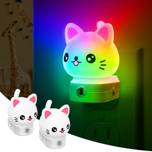 YANSUN 2-Pack 0.5W Plug-In Light Sensor Cat Design Night Lights, RGB Gradient & 3000K White Light, Button Color Adjustment, US Plug - 1 of 4